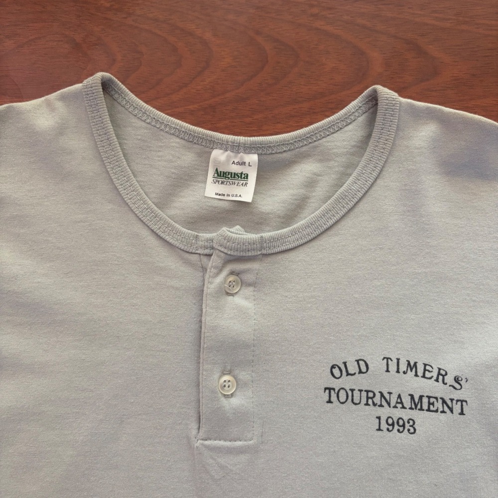 Augusta Mens Henley Shirt Large Blue 1993 Old Timers Tournament Vintage USA Made